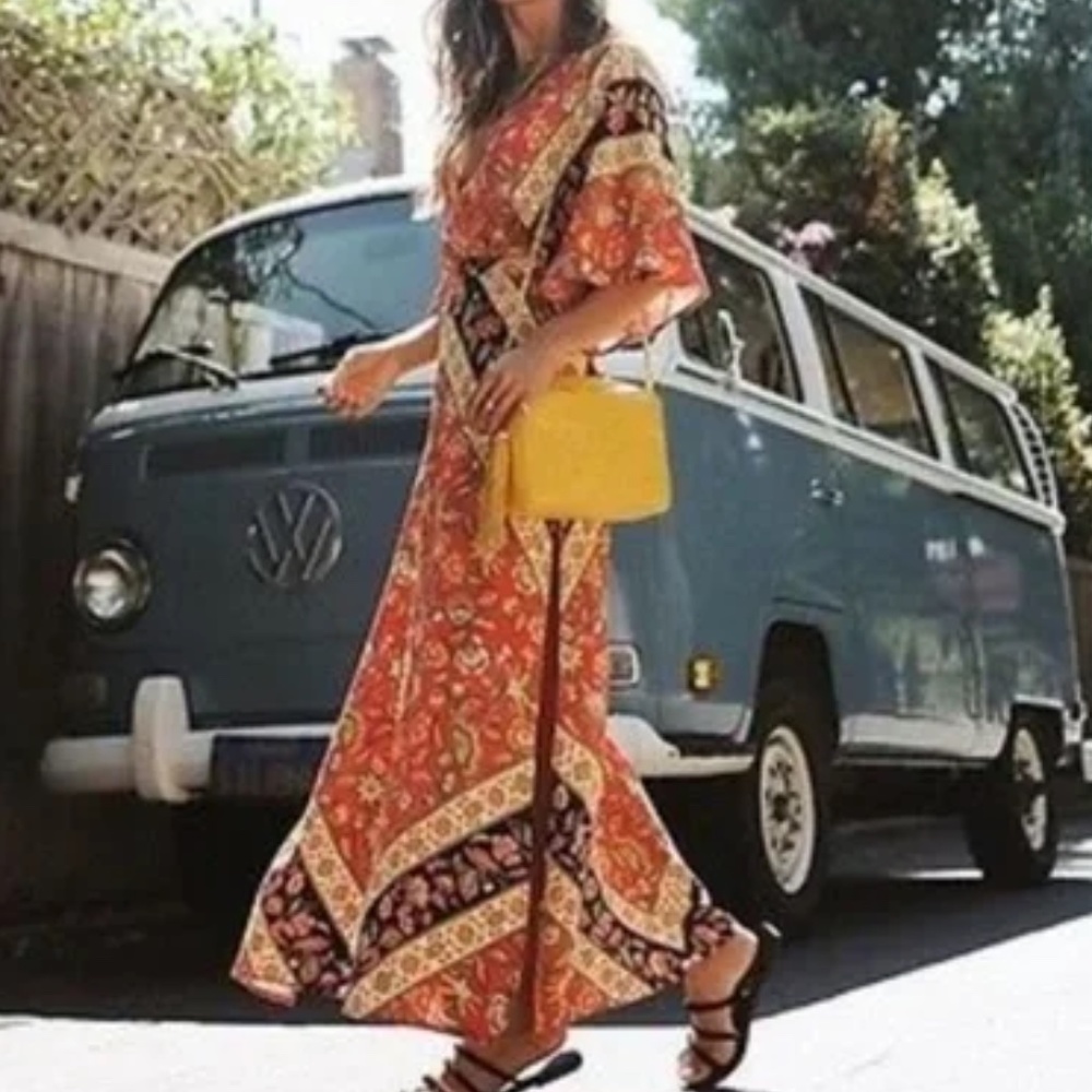 Boho festival floral print red backless midi dress - Picture 2 of 6